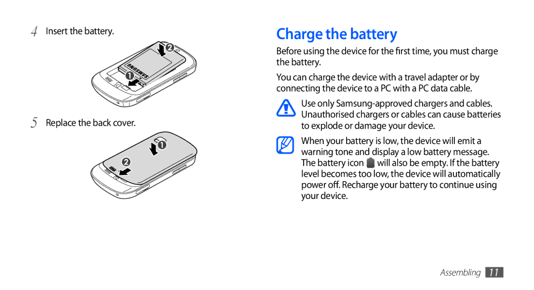 Samsung GT-S5670PWAAFR, GT-S5670HKAECT, GT-S5670HKATHR manual Charge the battery, Insert the battery Replace the back cover 