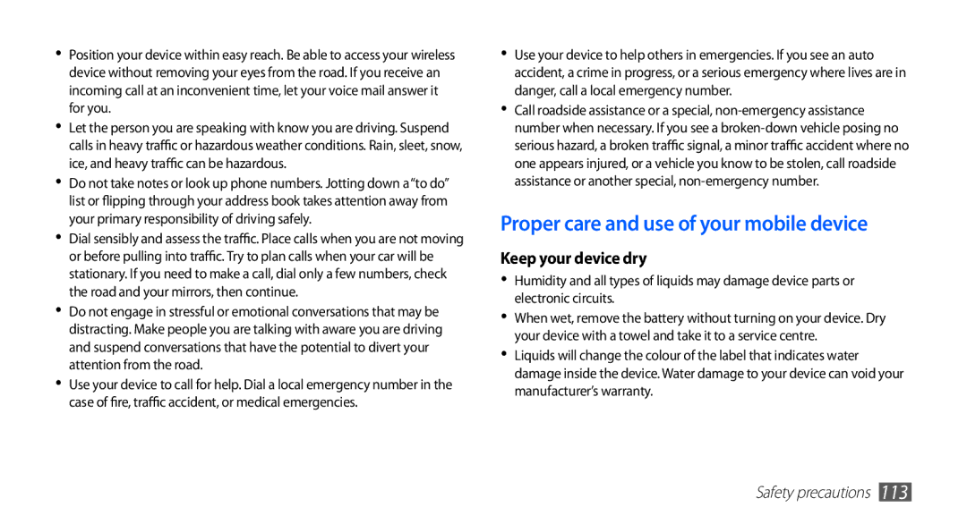 Samsung GT-S5670HKAMID, GT-S5670HKAECT, GT-S5670HKATHR manual Proper care and use of your mobile device, Keep your device dry 