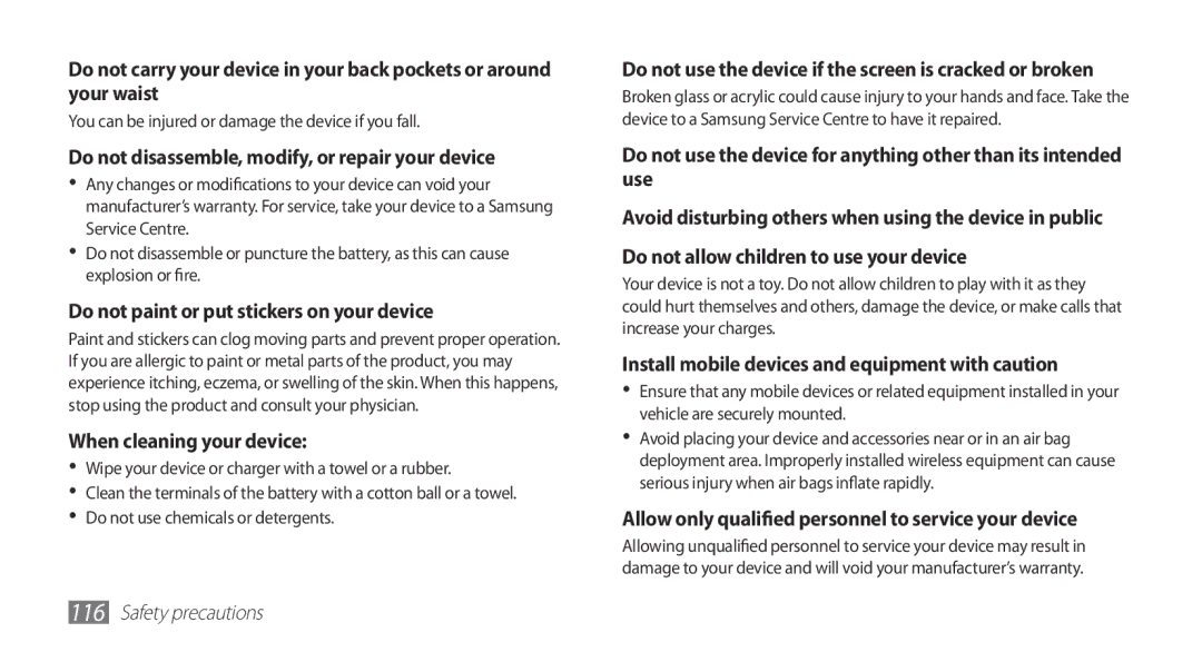 Samsung GT-S5670PWAAFR, GT-S5670HKAECT, GT-S5670HKATHR, GT-S5670PWAKSA Do not disassemble, modify, or repair your device 