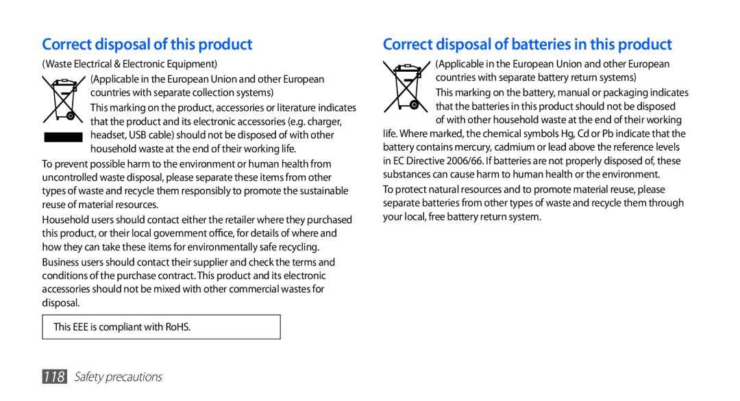 Samsung GT-S5670HKASKZ, GT-S5670HKAECT Correct disposal of this product, Correct disposal of batteries in this product 