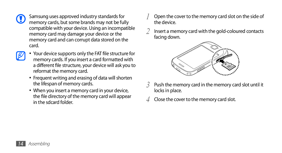 Samsung GT-S5670HKAABS, GT-S5670HKAECT manual Device, Facing down, Locks in place, Close the cover to the memory card slot 