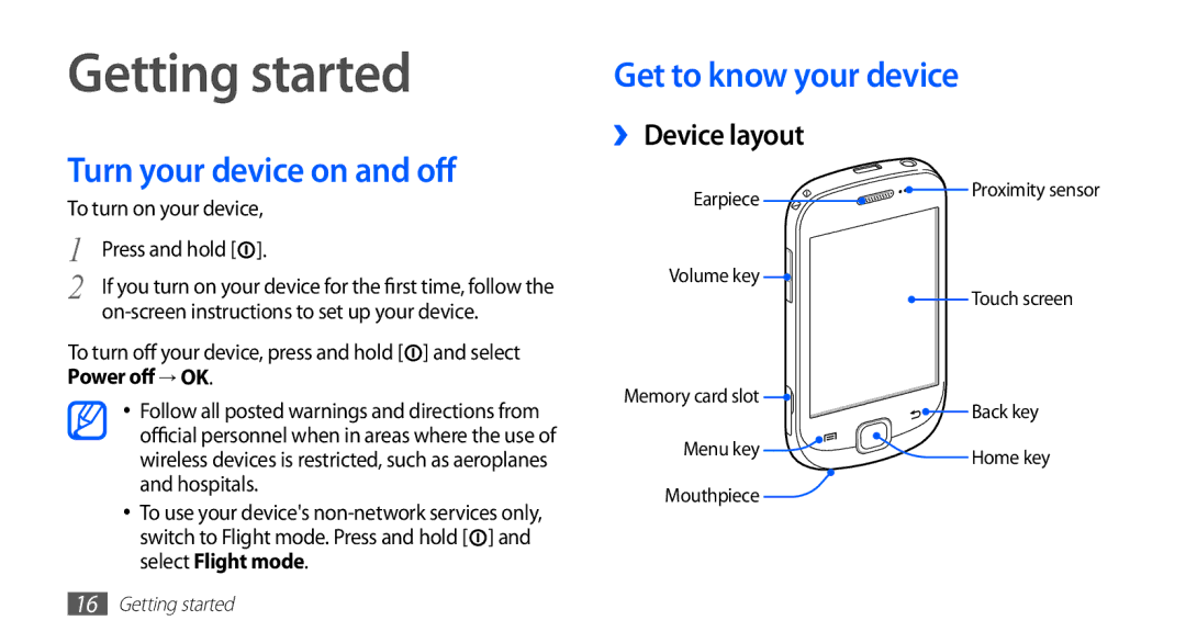 Samsung GT-S5670PWAJED manual Getting started, Turn your device on and off, Get to know your device, ›› Device layout 