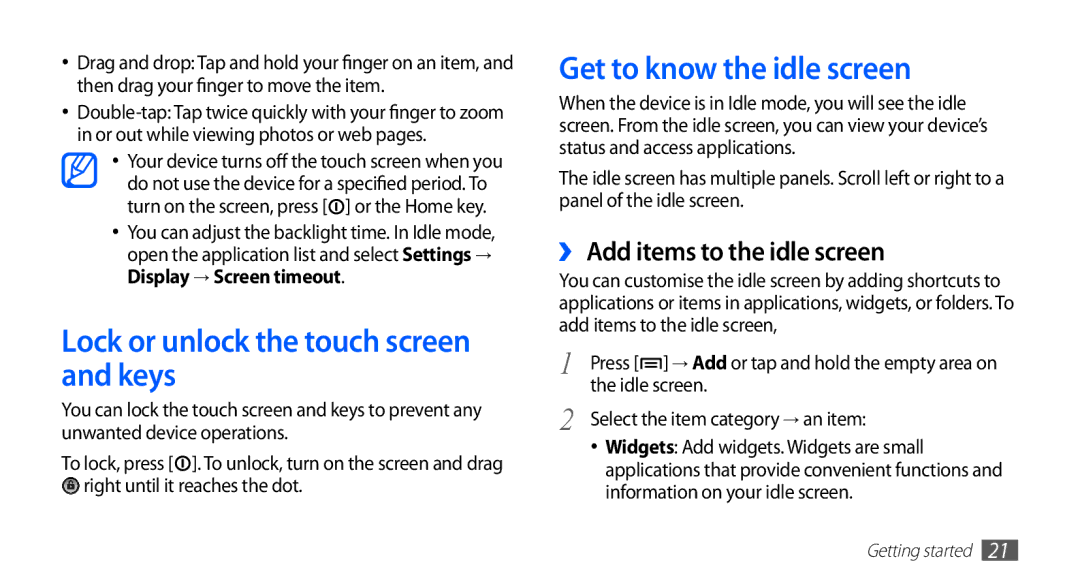 Samsung GT-S5670HKAECT, GT-S5670HKATHR Lock or unlock the touch screen and keys, Get to know the idle screen, Idle screen 