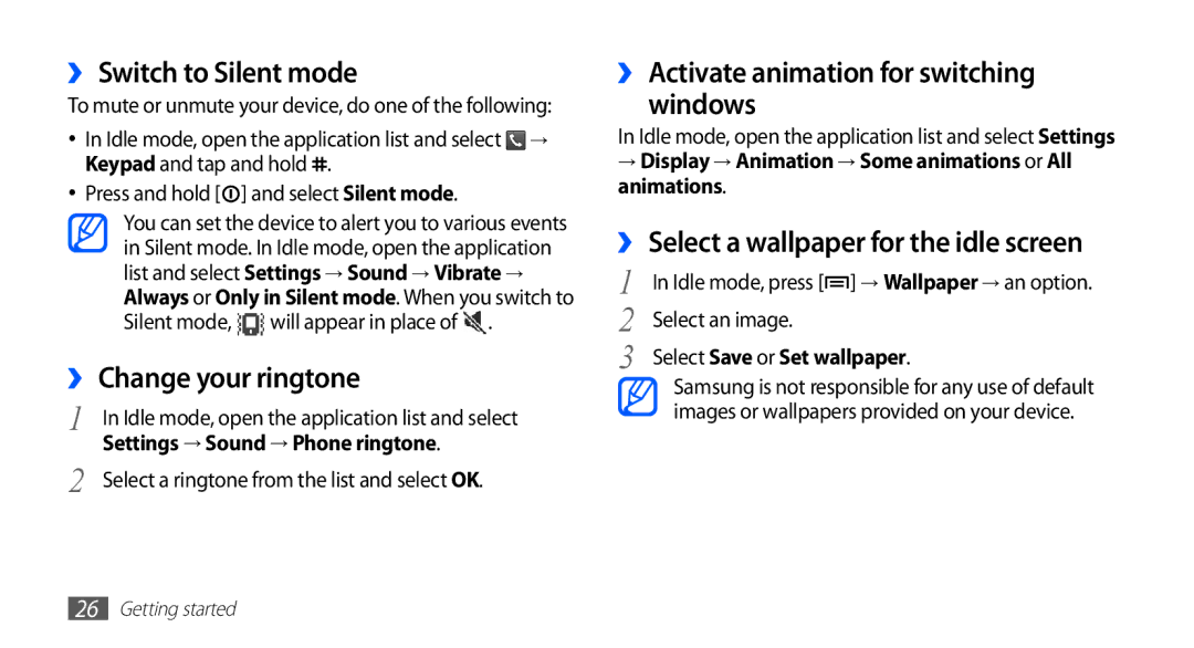 Samsung GT-S5670HKAKSA ›› Switch to Silent mode, ›› Change your ringtone, ›› Activate animation for switching Windows 