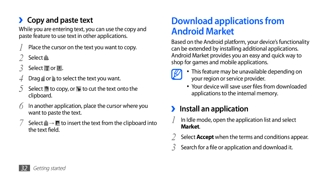 Samsung GT-S5670PWAAFR manual Download applications from Android Market, ›› Copy and paste text, ›› Install an application 