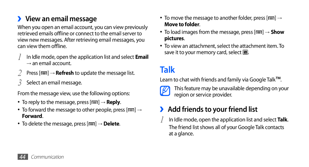 Samsung GT-S5670PWAKSA manual Talk, ›› View an email message, ›› Add friends to your friend list, → an email account 