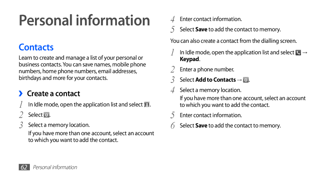 Samsung GT-S5670PWAXEV, GT-S5670HKAECT, GT-S5670HKATHR manual ›› Create a contact, Keypad, Select Add to Contacts → 