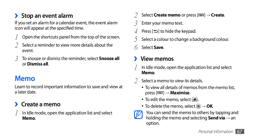 Samsung GT-S5670HKAJED, GT-S5670HKAECT, GT-S5670HKATHR manual Memo, ›› Stop an event alarm, ›› Create a memo, ›› View memos 