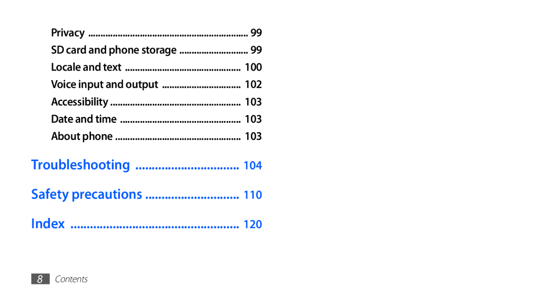 Samsung GT-S5670HKAMID, GT-S5670HKAECT, GT-S5670HKATHR, GT-S5670PWAKSA manual Troubleshooting, Safety precautions, Index 