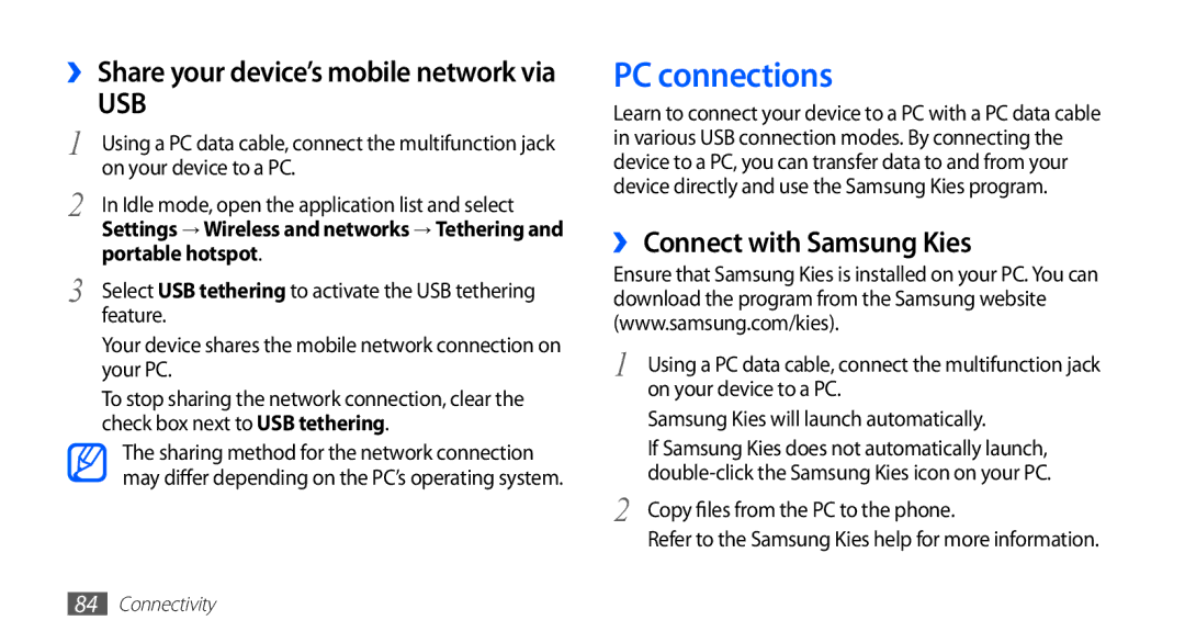 Samsung GT-S5670HKAECT manual PC connections, ›› Connect with Samsung Kies, On your device to a PC, Portable hotspot 