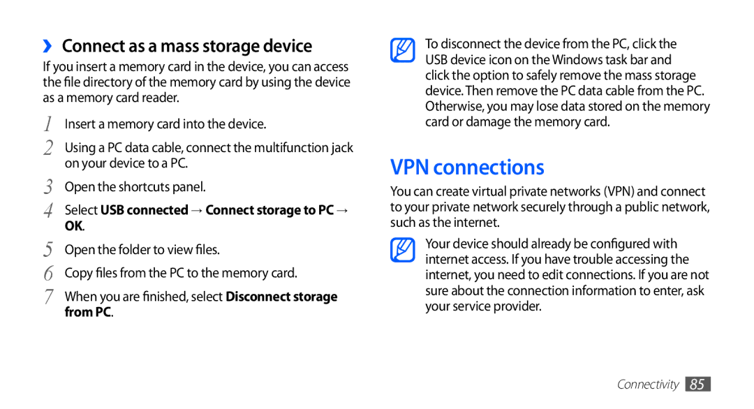 Samsung GT-S5670HKATHR, GT-S5670HKAECT, GT-S5670PWAKSA manual VPN connections, ›› Connect as a mass storage device, From PC 