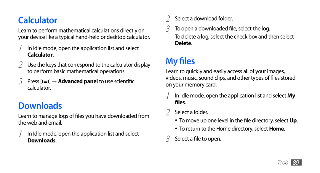 Samsung GT-S5670HKAKSA, GT-S5670HKAECT, GT-S5670HKATHR, GT-S5670PWAKSA, GT-S5670PWATHR manual Calculator, Downloads, My files 