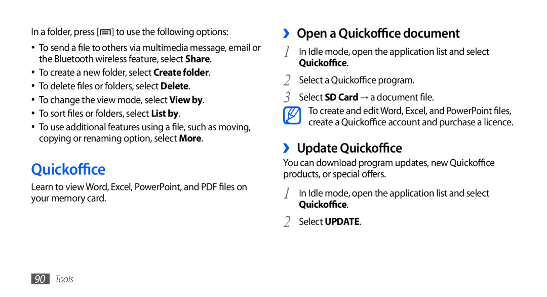 Samsung GT-S5670HKAXSS, GT-S5670HKAECT, GT-S5670HKATHR manual ›› Open a Quickoffice document, ›› Update Quickoffice 