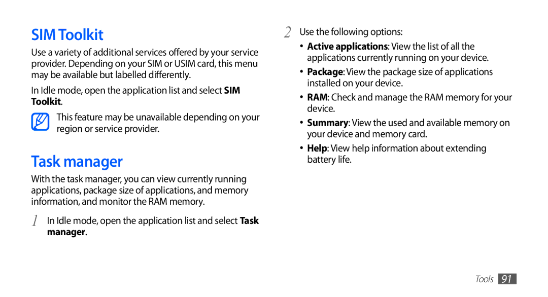 Samsung GT-S5670HKAEGY, GT-S5670HKAECT, GT-S5670HKATHR, GT-S5670PWAKSA, GT-S5670PWATHR SIM Toolkit, Task manager, Manager 