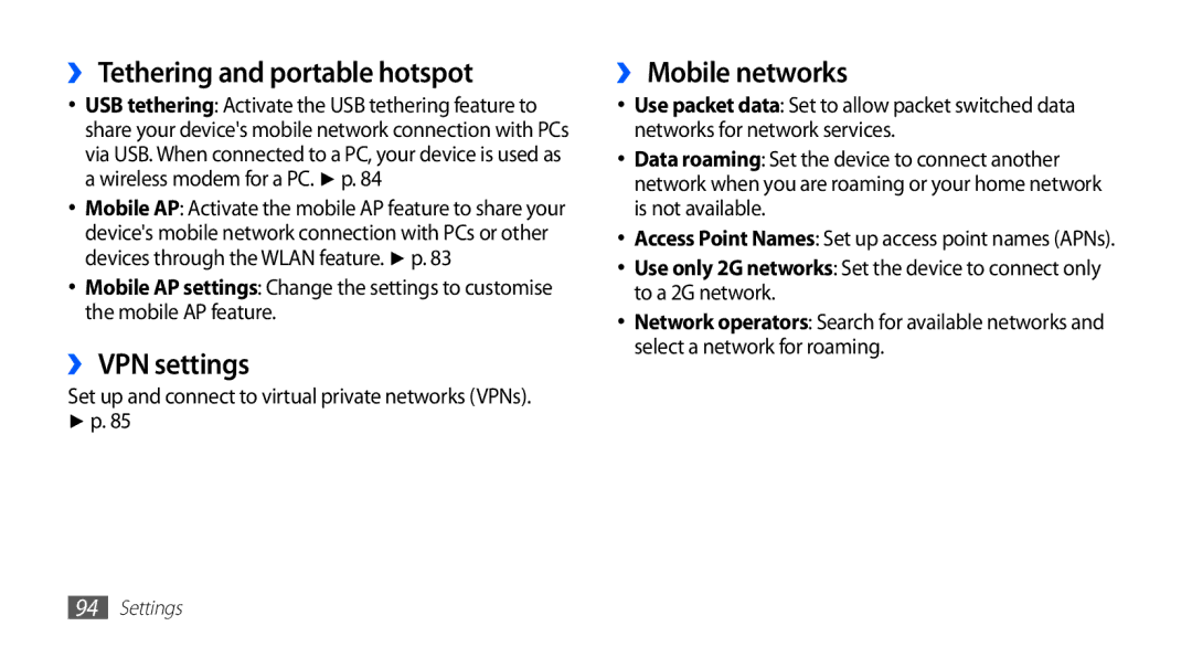 Samsung GT-S5670HKAXSG, GT-S5670HKAECT manual ›› Tethering and portable hotspot, ›› VPN settings, ›› Mobile networks 