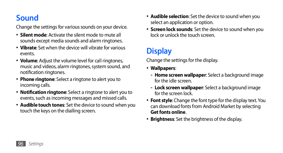 Samsung GT-S5670PWAEGY, GT-S5670HKAECT manual Sound, Display, Vibrate Set when the device will vibrate for various events 