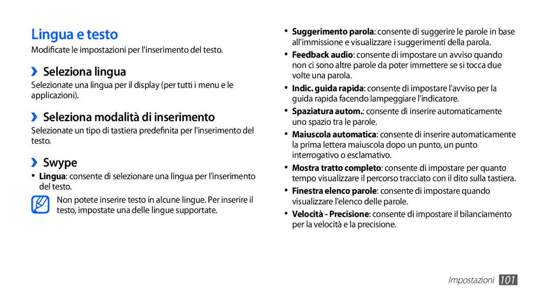 Samsung GT-S5670HKAHUI, GT-S5670HKAITV Lingua e testo, ››Seleziona lingua, ››Seleziona modalità di inserimento, ››Swype 