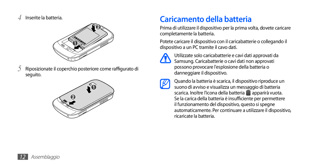 Samsung GT-S5670HKAITV, GT-S5670HKAHUI manual Caricamento della batteria 