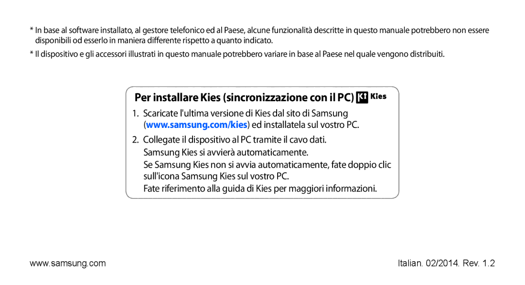 Samsung GT-S5670HKAITV, GT-S5670HKAHUI manual Per installare Kies sincronizzazione con il PC 