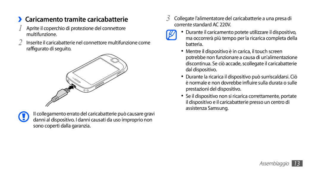 Samsung GT-S5670HKAHUI, GT-S5670HKAITV manual ››Caricamento tramite caricabatterie 