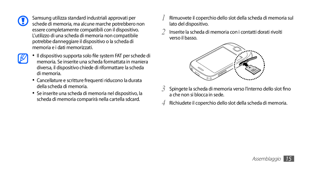 Samsung GT-S5670HKAHUI, GT-S5670HKAITV manual Assemblaggio 