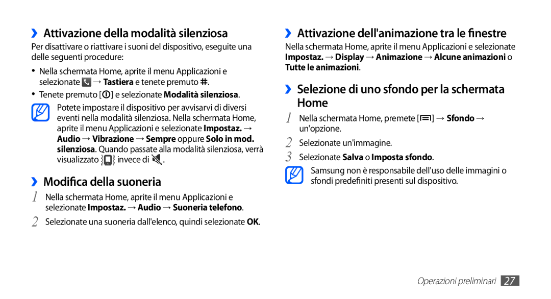 Samsung GT-S5670HKAHUI, GT-S5670HKAITV manual ››Attivazione della modalità silenziosa, ››Modifica della suoneria 