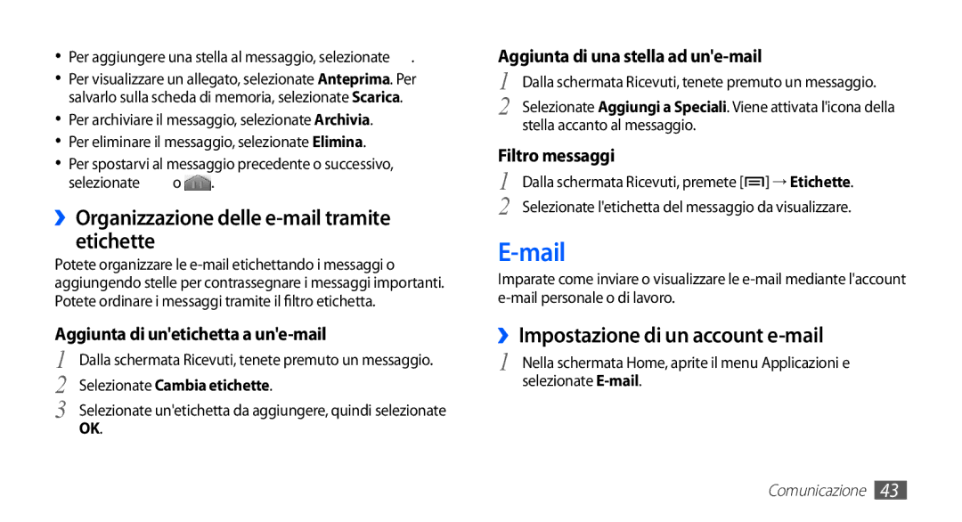 Samsung GT-S5670HKAHUI manual Mail, ››Organizzazione delle e-mail tramite etichette, ››Impostazione di un account e-mail 