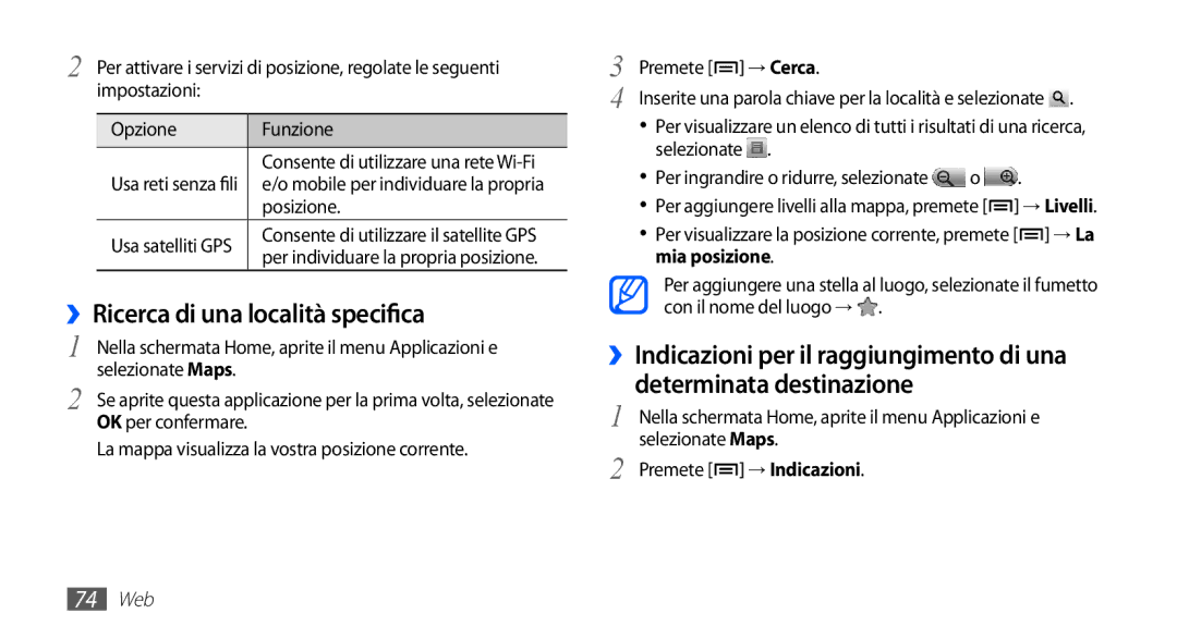 Samsung GT-S5670HKAITV ››Ricerca di una località specifica, Impostazioni Opzione Funzione, Posizione, Selezionate Maps 