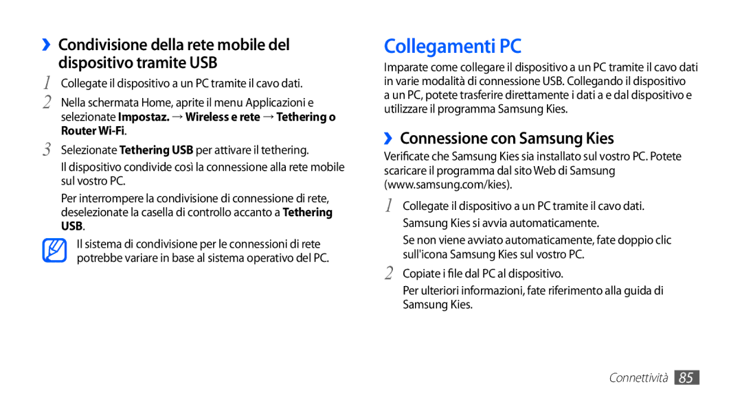 Samsung GT-S5670HKAHUI, GT-S5670HKAITV manual Collegamenti PC, ››Connessione con Samsung Kies 