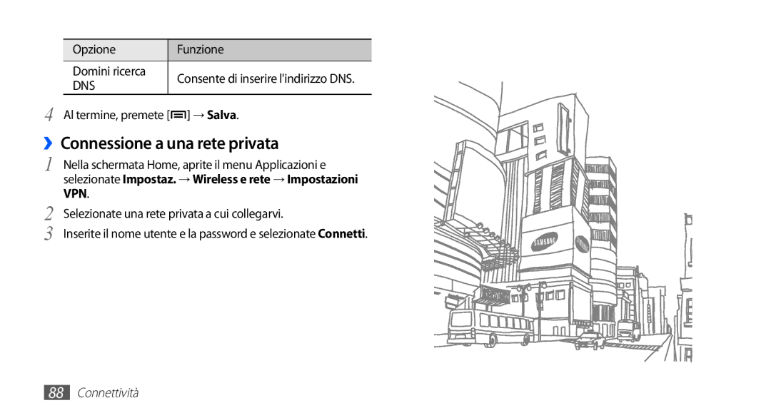 Samsung GT-S5670HKAITV, GT-S5670HKAHUI manual ››Connessione a una rete privata, Opzione Funzione Domini ricerca, → Salva 