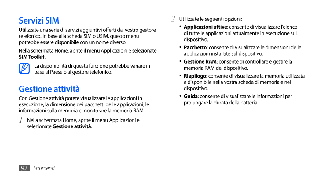 Samsung GT-S5670HKAITV, GT-S5670HKAHUI manual Servizi SIM, Gestione attività, SIM Toolkit 