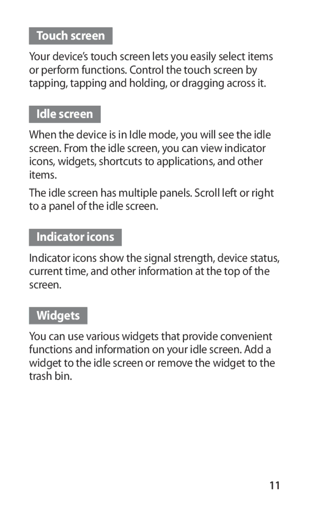 Samsung GT-S5670HKASER, GT-S5670MNASER, GT-S5670PWASER manual Touch screen, Idle screen, Indicator icons, Widgets 