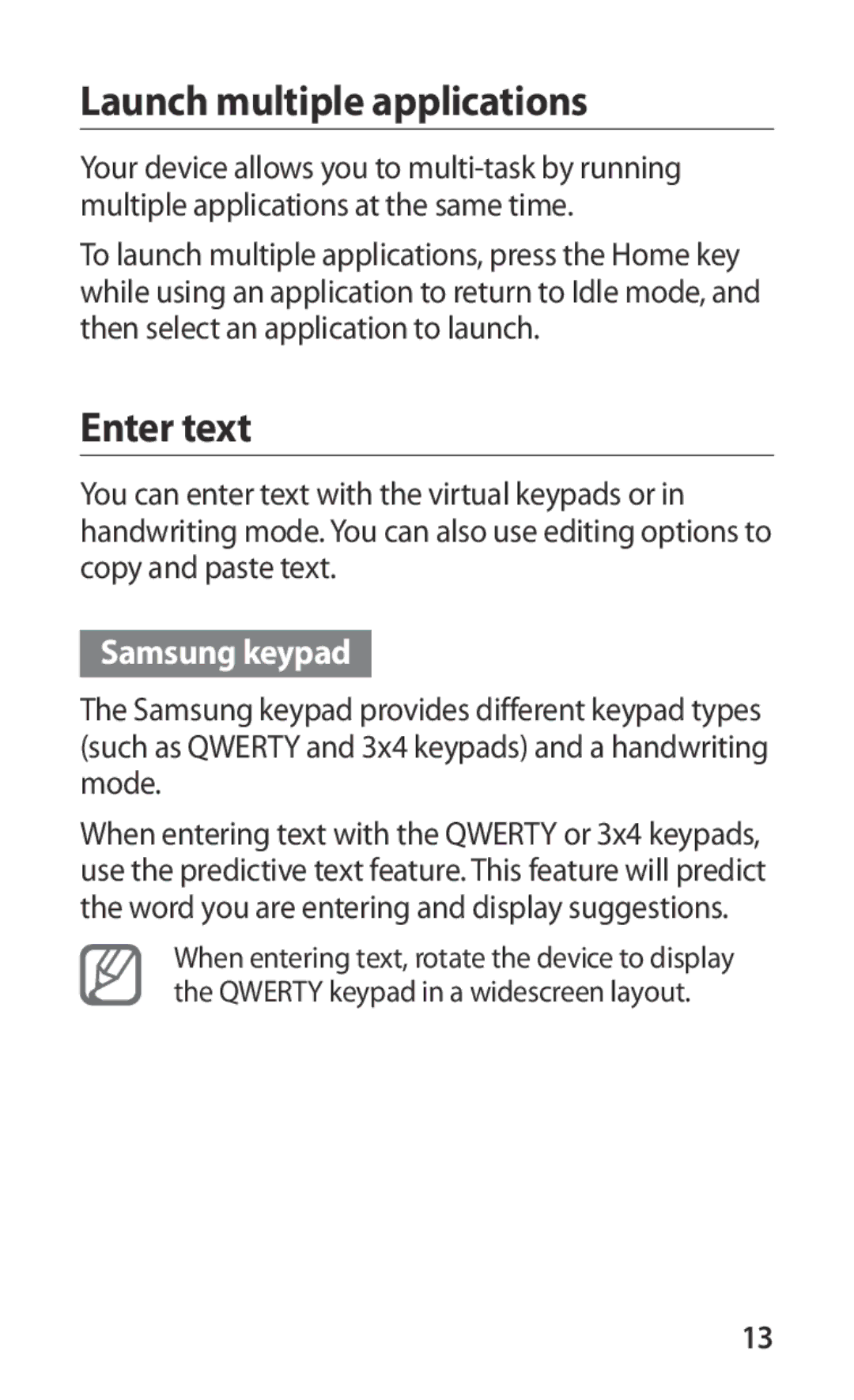 Samsung GT-S5670PWASER, GT-S5670MNASER, GT-S5670HKASER manual Launch multiple applications, Enter text, Samsung keypad 