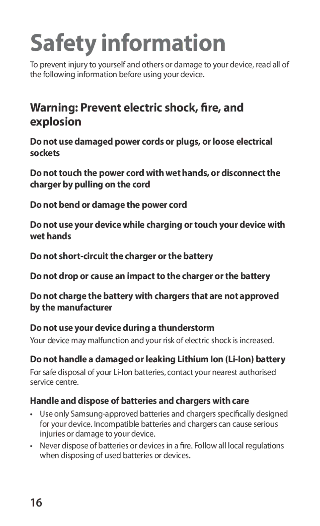 Samsung GT-S5670PWASER, GT-S5670MNASER manual Safety information, Handle and dispose of batteries and chargers with care 