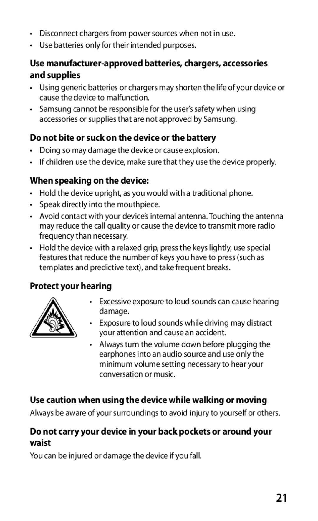 Samsung GT-S5670MNASER Do not bite or suck on the device or the battery, When speaking on the device, Protect your hearing 