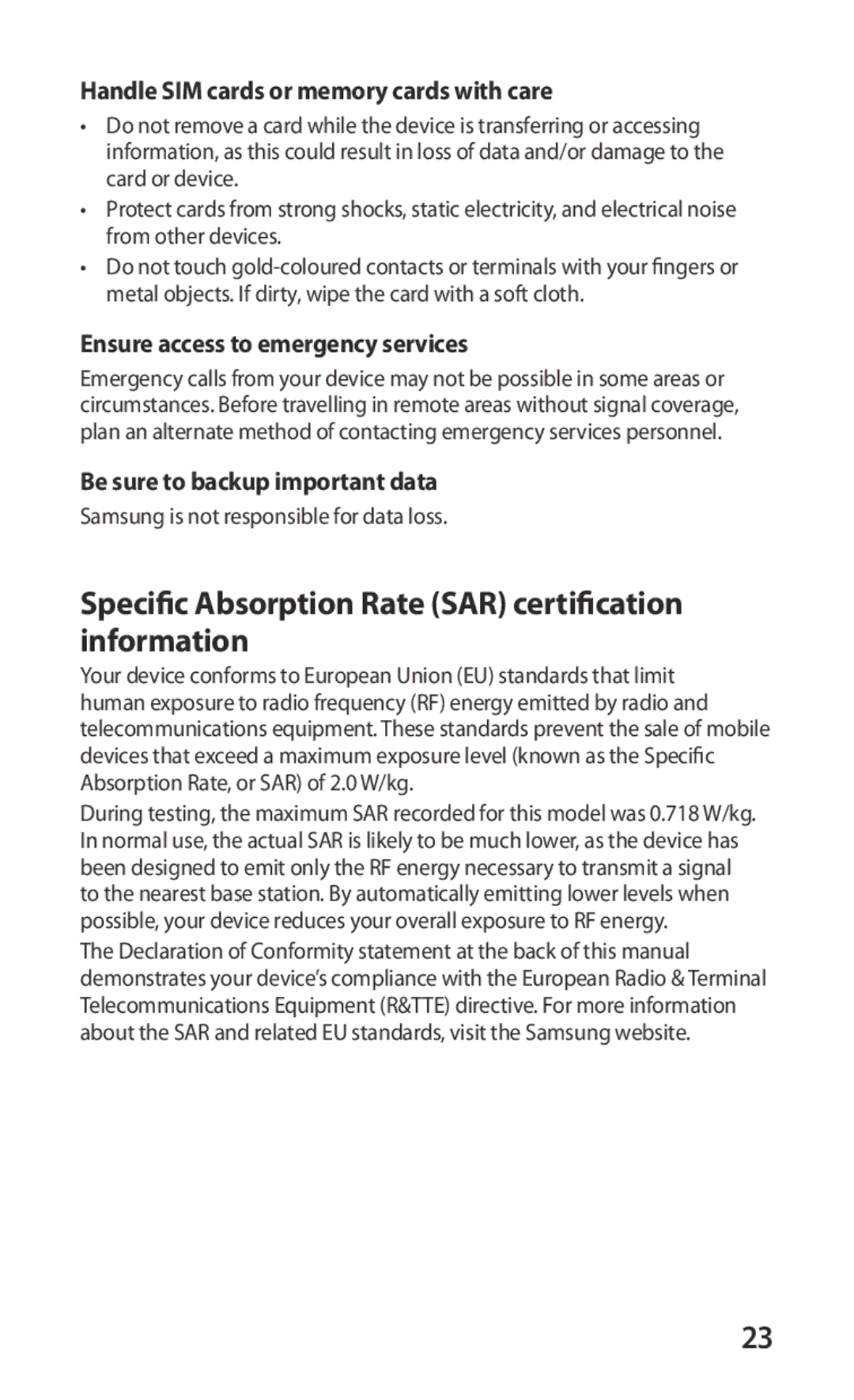 Samsung GT-S5670HKASER Specific Absorption Rate SAR certification information, Handle SIM cards or memory cards with care 