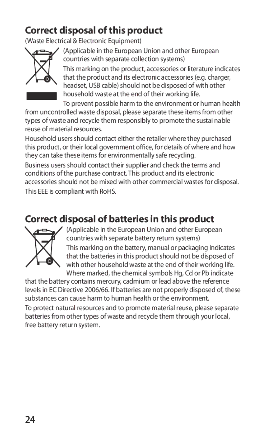 Samsung GT-S5670MNASER, GT-S5670PWASER Correct disposal of this product, Correct disposal of batteries in this product 