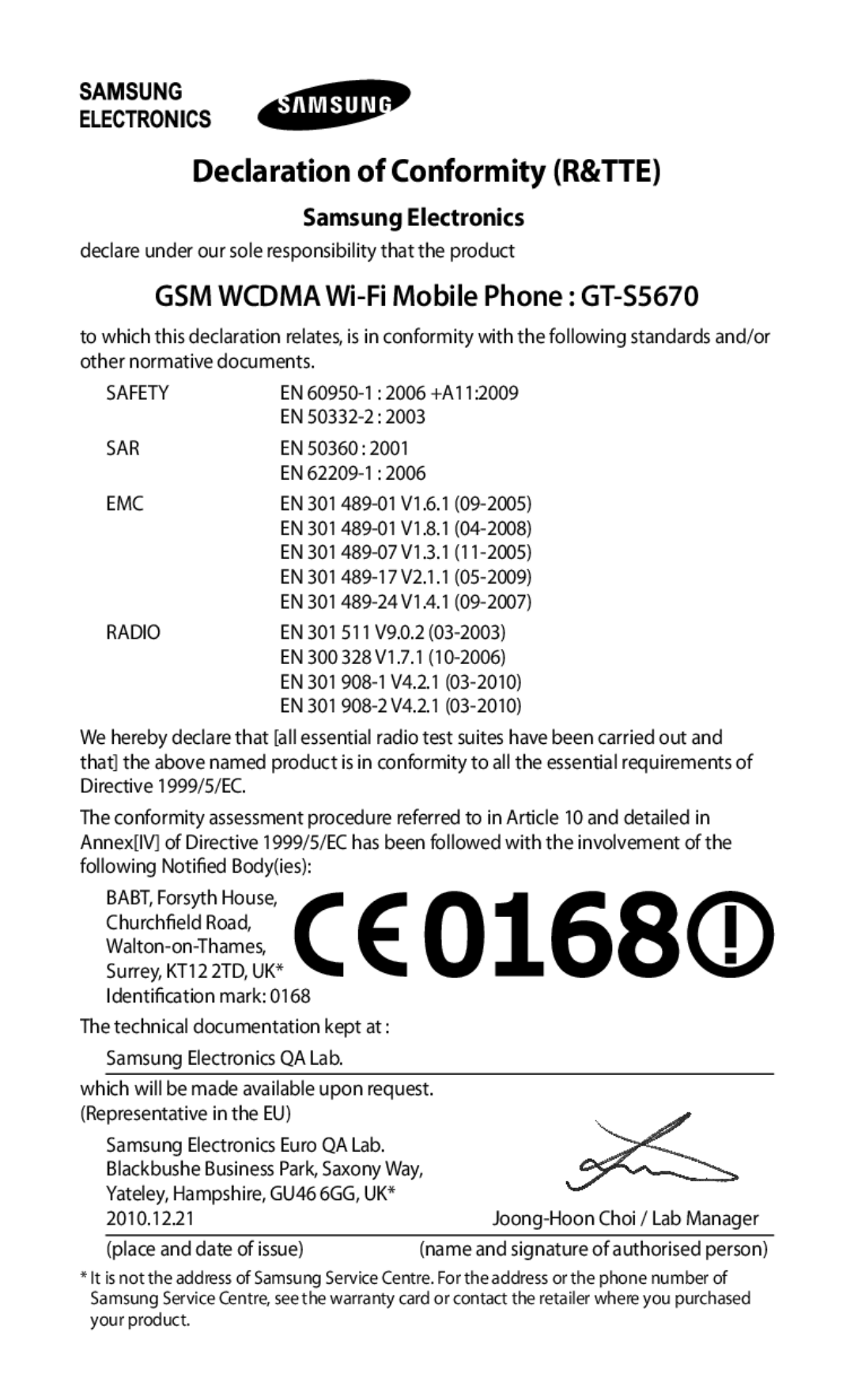 Samsung GT-S5670MNASER manual Declaration of Conformity R&TTE, GSM Wcdma Wi-Fi Mobile Phone GT-S5670, Samsung Electronics 