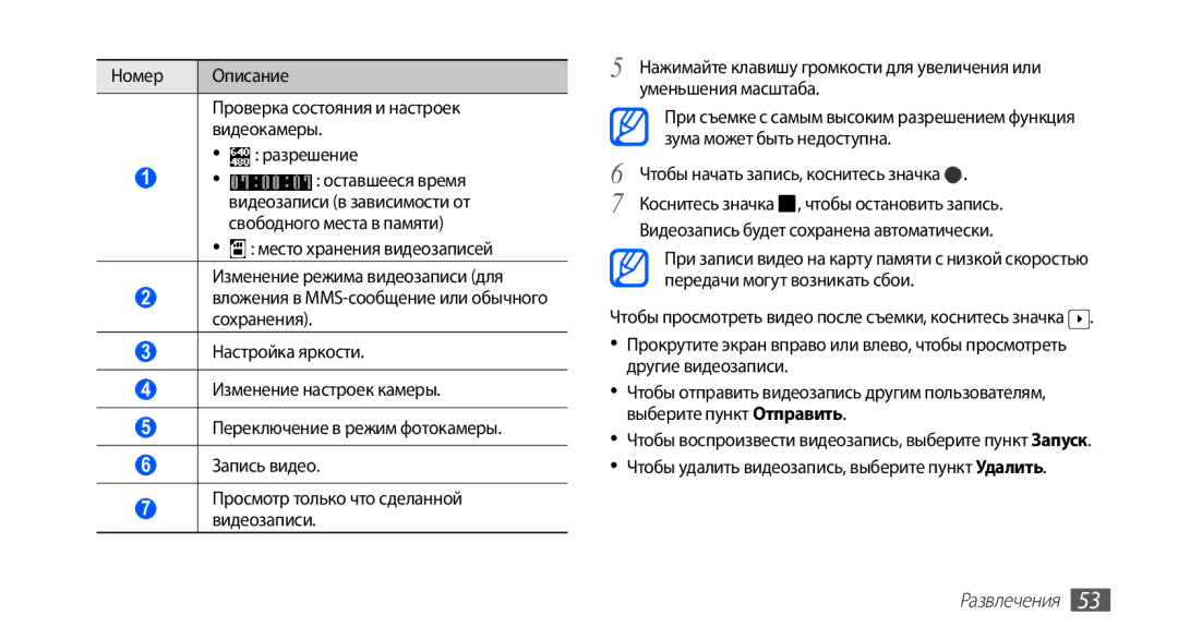 Samsung GT-S5670HKASER manual Чтобы начать запись, коснитесь значка, Чтобы удалить видеозапись, выберите пункт Удалить 