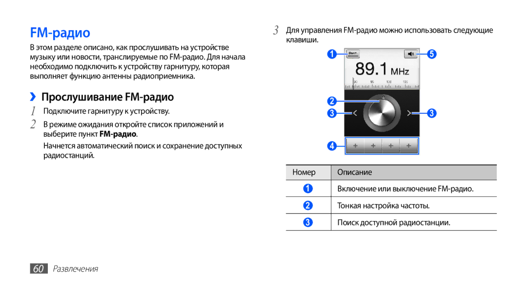 Samsung GT-S5670MNASER, GT-S5670PWASER, GT-S5670HKASER manual ››Прослушивание FM-радио, 60 Развлечения 