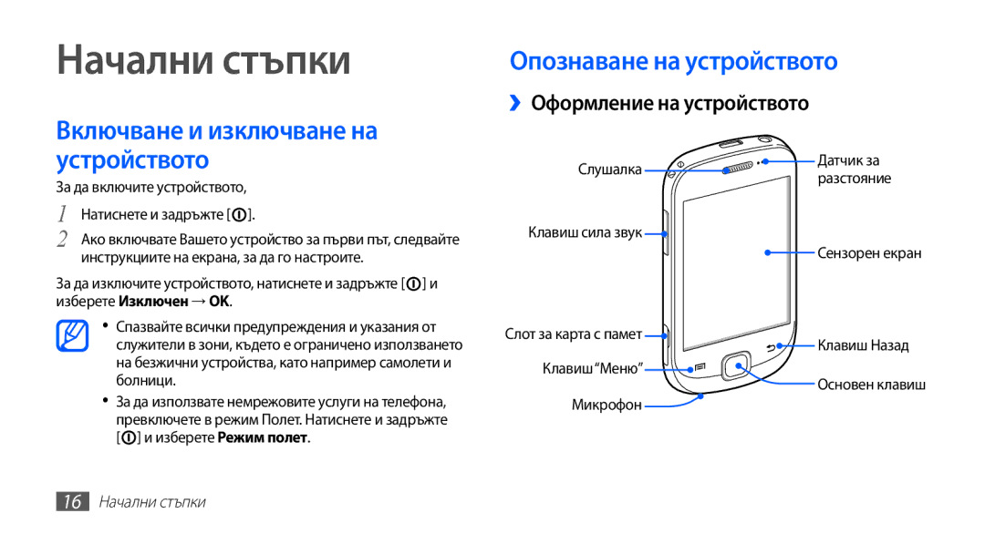 Samsung GT-S5670PWABGL, GT-S5670HKABGL Опознаване на устройството, ››Оформление на устройството, 16 Начални стъпки 