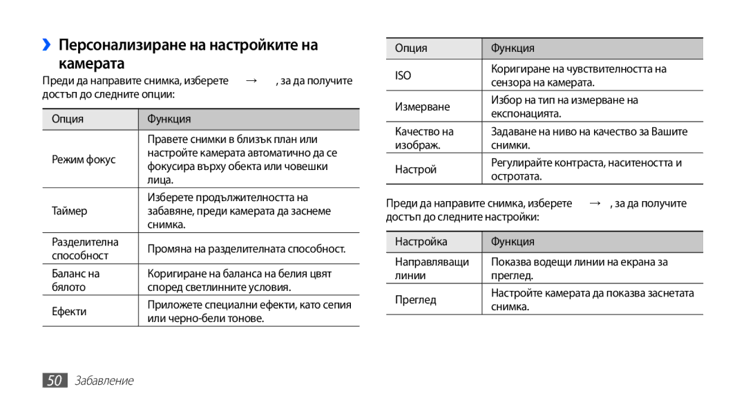 Samsung GT-S5670PWABGL, GT-S5670HKABGL manual ››Персонализиране на настройките на камерата, 50 Забавление 