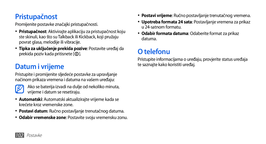 Samsung GT-S5670HKATWO manual Pristupačnost, Datum i vrijeme, Telefonu, Promijenite postavke značajki pristupačnosti 