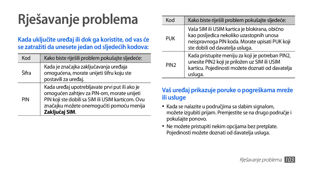 Samsung GT-S5670HKATEM manual Rješavanje problema, Vaš uređaj prikazuje poruke o pogreškama mreže ili usluge, Zaključaj SIM 