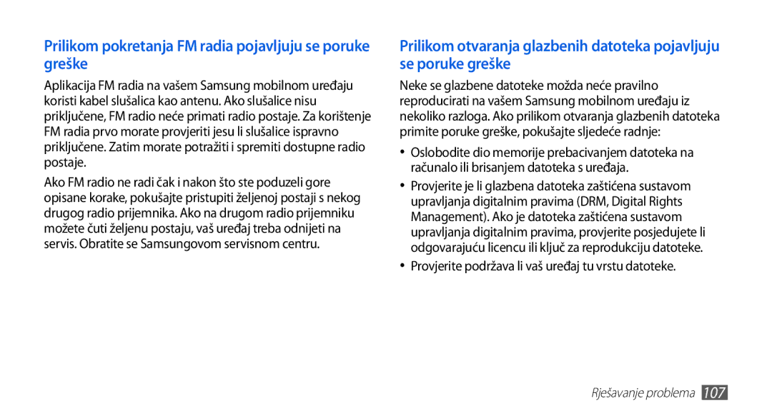 Samsung GT-S5670HKATEM, GT-S5670PWATWO, GT-S5670HKAVIP manual Prilikom pokretanja FM radia pojavljuju se poruke greške 