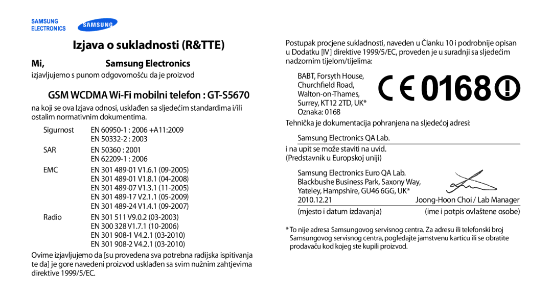 Samsung GT-S5670HKATEM, GT-S5670PWATWO, GT-S5670HKAVIP Izjava o sukladnosti R&TTE, GSM Wcdma Wi-Fi mobilni telefon GT-S5670 