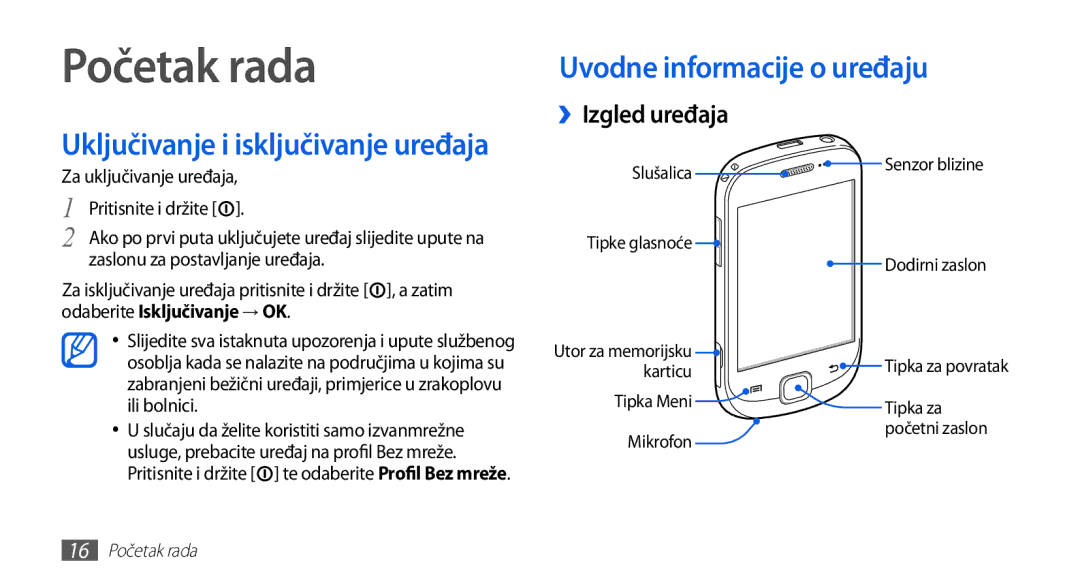 Samsung GT-S5670PWATWO manual Početak rada, Uvodne informacije o uređaju, ››Izgled uređaja, Za uključivanje uređaja 