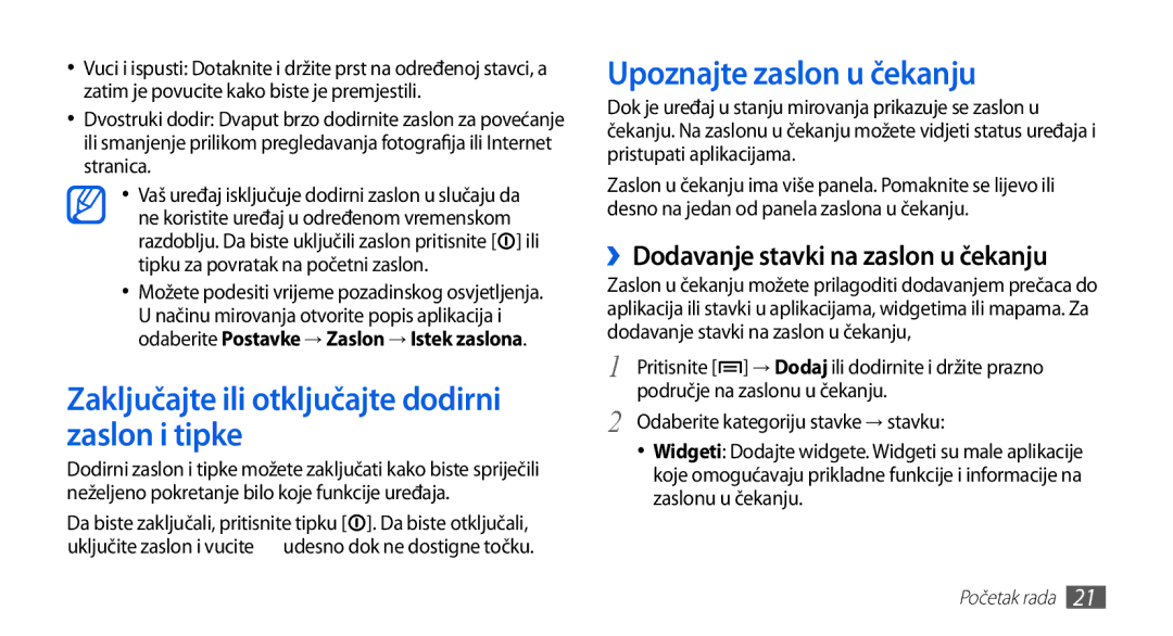 Samsung GT-S5670HKAVIP, GT-S5670PWATWO manual Zaključajte ili otključajte dodirni zaslon i tipke, Upoznajte zaslon u čekanju 