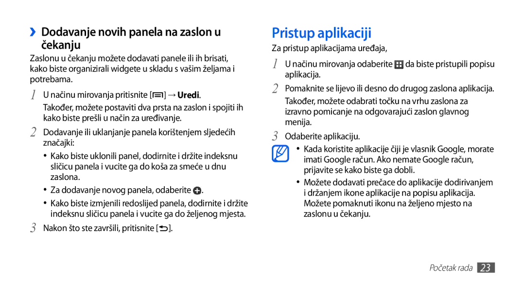 Samsung GT-S5670HKATEM, GT-S5670PWATWO, GT-S5670HKAVIP Pristup aplikaciji, ››Dodavanje novih panela na zaslon u čekanju 