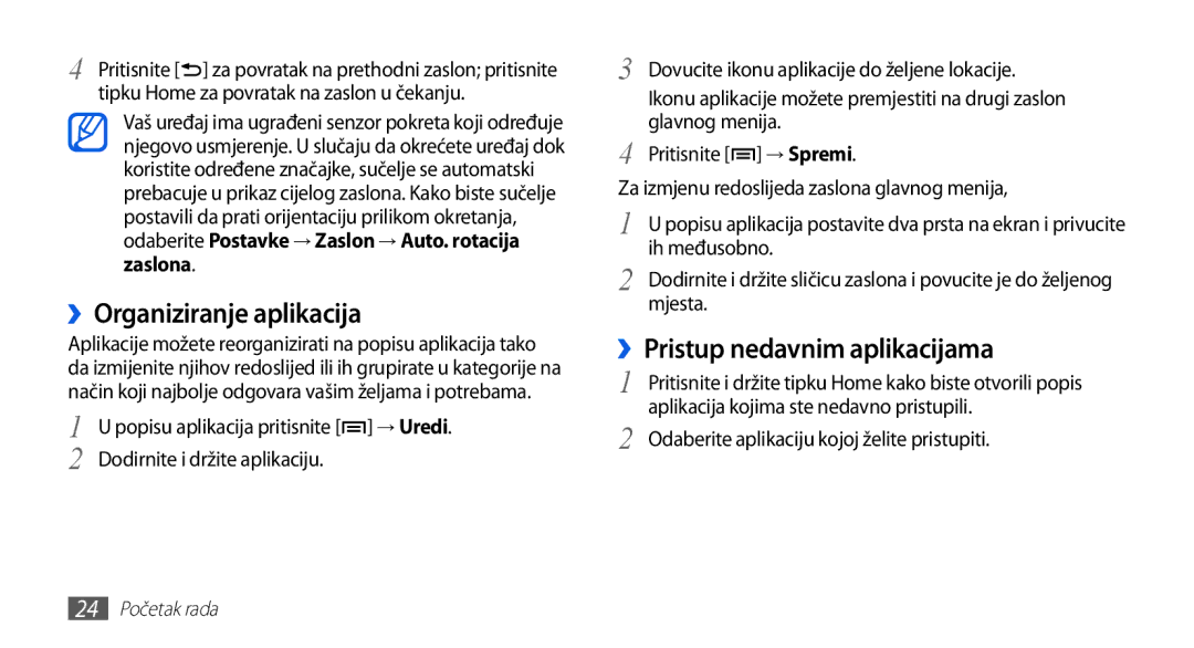 Samsung GT-S5670PWATWO, GT-S5670HKAVIP, GT-S5670HKATWO ››Organiziranje aplikacija, ››Pristup nedavnim aplikacijama, Zaslona 